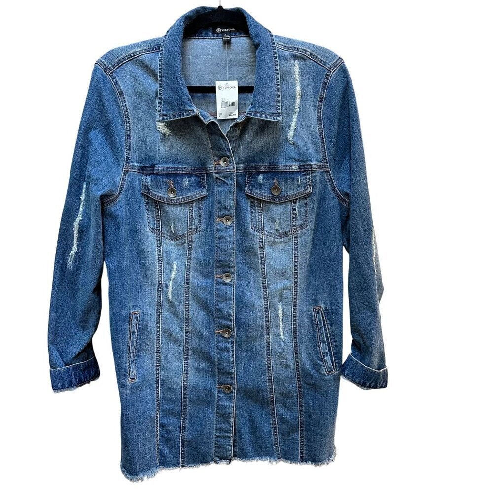 NWT Versona Denim Long Shirt Dress Jacket Long Sleeve Distressed Boho Size L‎